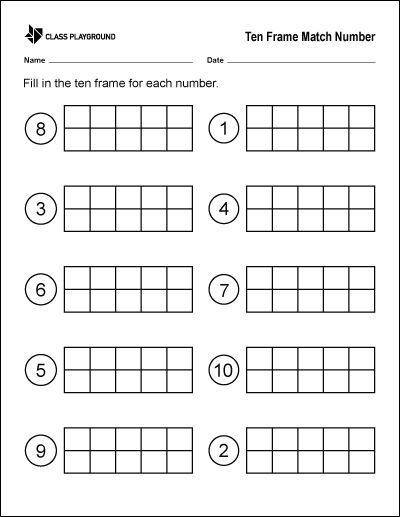 Printable Ten Frame Match Number Preschool Ten Frame Printables, Ten Frame Worksheet, Ten Frames Printable Free, Crayons Pictures, Teen Numbers Kindergarten, Holiday Math Worksheets, Ten Frame Activities, Worksheet For Kindergarten, Number Worksheet