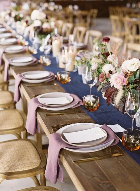 November Wedding-Mauve Bridesmaid Dresses and Navy Man's Suit with Mauve Bow Tie - ColorsBridesmaid November Wedding Colors, Navy Table Runner, Navy Table, Mauve Bridesmaid, Mauve Bridesmaid Dress, Mauve Wedding, Country Barn Weddings, 13 November, Wedding Table Linens