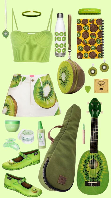 Fruits Series - no. 8 Kiwi #chartreuse #cuteoutfit #cute #green #music #ukulele #eclectic #skirt #fruit #kiwi Kiwi Outfit, Green Music, Lime Fruit, Fruit Aesthetic, Green Outfit, Aesthetic Outfit, No 8, Fruits And Veggies, Ukulele