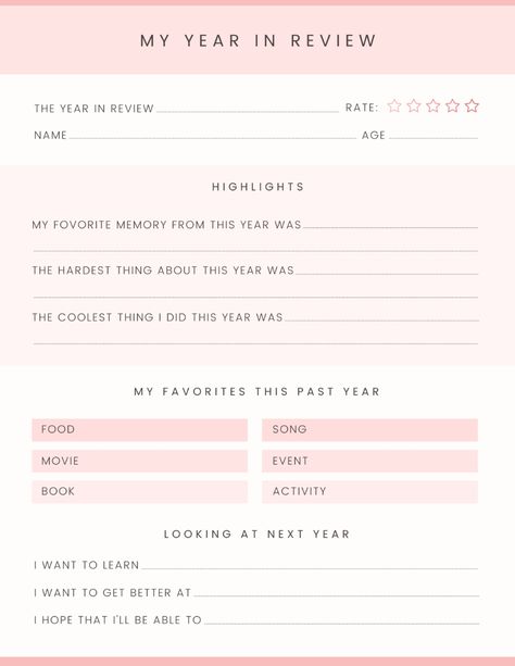 Before we move forward, let's look back! Wrap up your year with one of these free printable year-in-review pages. Perfect for the whole family!

#freeprintables #freeprintable #printable #printables #yearinreview #newyear #newyearprintables #2021inreview #2021recap #newyearactivities #newyearactivity #lookingback #goals #newyearsresolutions #newyearresolution #goal #goalsetting #memories #memory This Year I Will, Year Review Template, Yearly Review Template, New Years Resolution List Free Printable, Year Recap Journal, New Years Goals Template, 2024 Goals Template, Year Review Questions, New Year Goals Template