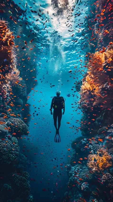 "Oceanic Diving Adventure: A #scubadiving explores the vibrant underwater world, surrounded by colorful #coralreefs and teeming #marinelife. #diver #ocean #coral #fish #underwater #aiart #aiphoto #stockcake ⬇️ Download and 📝 Prompt 👉 https://stockcake.com/i/oceanic-diving-adventure_1064742_78359" Diving Wallpaper, Coral Reef Ecosystem, Fish Underwater, Coral Fish, Ocean Coral, Luxury Landscaping, Underwater City, Nature Iphone Wallpaper, Full Time Travel