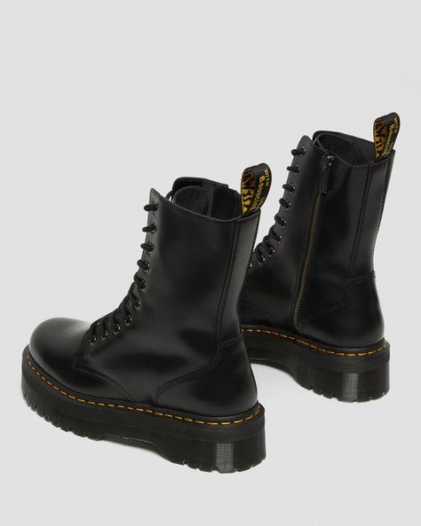 Jadon Hi Smooth Leather Platform Boots in Black | Dr. Martens Jadon Hi, Jadon Boots, Leather Platform Boots, Vinyl Accessories, Dr Shoes, Black Platform Boots, Martens Shoes, Goodyear Welt, Mid Calf Boots