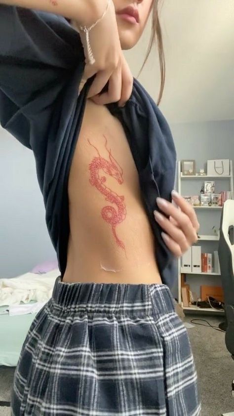 Rib Tattoos For Women, Waist Tattoos, Dragon Tattoo For Women, Red Ink Tattoos, Red Tattoos, Dragon Tattoo Designs, Unique Tattoo Designs, Cute Tattoos For Women, Classy Tattoos