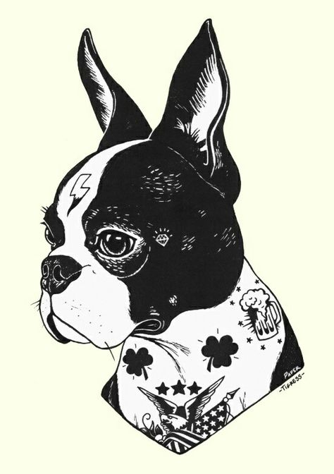 Boston Terrier Tattoo, Terrier Tattoo, Dog Caricature, Boston Terrier Art, Tattoos For Dog Lovers, Jewel Tattoo, Art Stencils, Tat Ideas, Dog Tattoo