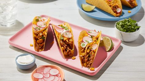 Shredded Chicken Tacos For Two & Quick recipe - Old El Paso Easy Shredded Chicken Tacos, Tacos For Two, Stuff Shells, Easy Shredded Chicken, Make Shredded Chicken, Delicious Tacos, Shredded Chicken Tacos, Savoury Snacks, Taco Stuffed Shells