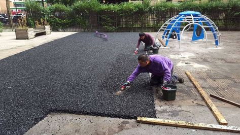 How much does a poured rubber playground cost? Playground Mats Outdoor, Playground Flooring Outdoor, Rubber Playground Flooring, Playground Turf, Outdoor Rubber Flooring, Church Playground, Kids Outdoor Playground, Playground Landscaping, Playground Surface