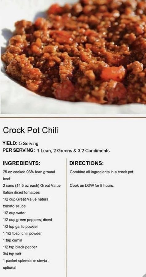 Lean Dinners, Crock Pot Chili, Medifast Recipes, Lean Protein Meals, Lean And Green, Green Soup, Crockpot Chili, Lean Meals, Lean And Green Meals