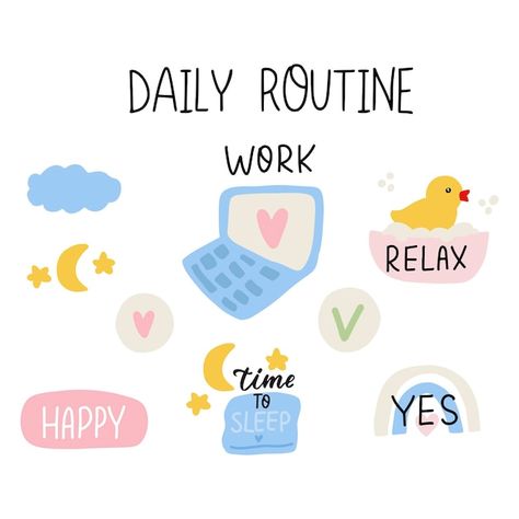 Daily routine stickers set cute cartoon ... | Premium Vector #Freepik #vector #task-management #time-sheet #time-management #work-time Daily Routine Stickers, Work Stickers For Planner, Cute Cartoon Stickers, Time Sheet, Ipad Inspo, Digital Journaling, Sticker Journal, Stickers Scrapbook, Work Stickers