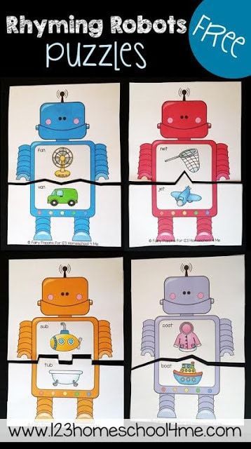 Rhyming Robots Game is a fun way for toddler, preschool, prek, kindergarten, and first grade kids to practice rhyming. There are various levels to these free printable rhyming puzzles and lots of extension ideas. These are perfect for literacy centers, summer learning, homeschool, and so much more! SO CUTE!! Robots Preschool, Fairy Poppins, Rhyming Games, Robot Theme, Rhyming Activities, Kindergarten Ela, Kindergarten Centers, Preschool Literacy, Literacy Stations