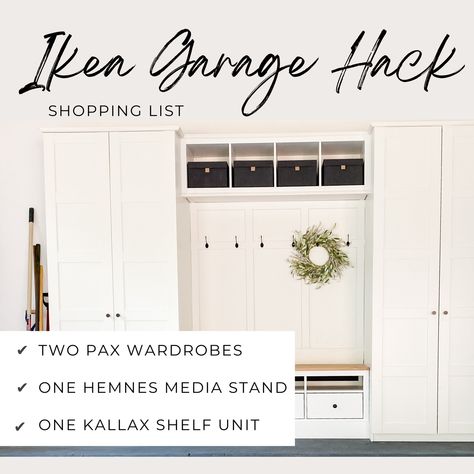 Ikea Garage - Pt 1 — Just Gathered Tablescapes Large Mudroom Cabinets, Mudroom Ideas Entryway Closet, Entryway In Garage, Garage Ikea Storage, Ikea Besta Mudroom, Entryway Locker Ideas, Ikea Entryway Storage, Shoe Storage Garage Ideas, Ikea Pax Mudroom Hack