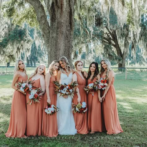 Terracotta Bridesmaid Dresses Real Weddings | Birdy Grey Peach Color Bridesmaid Dresses, Bridesmaid Dresses Canada, Terracotta Bridesmaid, Peach Bridesmaid, Peach Bridesmaid Dresses, Coral Bridesmaid, Wedding Color Pallet, Fall Bridesmaids, Coral Bridesmaid Dresses