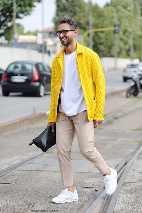 Men's Fashion | Menswear | Men's Casual Outfit for Spring/Summer | Yellow | Moda Masculina | Shop at Shop at DesignerClothingFans.com Outfit Ideas Male, Yellow Outfit Ideas, Yellow Shirt Outfit, Black Hippie, Workout Man, White Athletic Shoes, Shirt Outfit Men, Beige Chinos, Bright Fashion