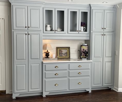 Breakfront Cabinet Dining Rooms, Extended Kitchen Cabinet Wall, Built In Kitchen Storage Wall, Kitchen Storage Wall Cabinets, Kitchen Wall Cabinet Ideas Extra Storage, Stock Cabinet Pantry Wall, Dining Room Wall Units Built Ins, Shallow Cabinet Wall, Shallow Cabinets In Kitchen