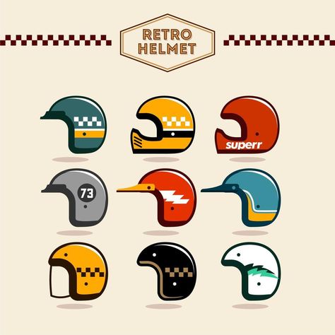 Retro Helmet Design, Helmet Vector, Hjc Helmets, Retro Helmet, Helmet Head, Vintage Banner, Vintage Helmet, Cafe Racer Bikes, Helmet Design