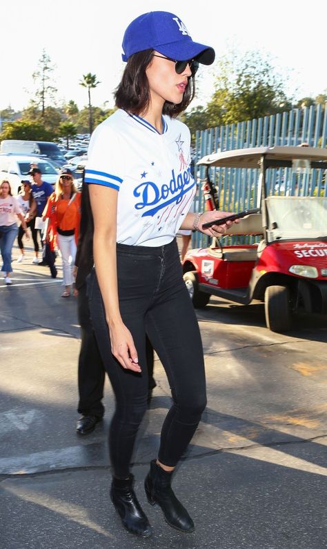 What to Wear to a Baseball Game, According to Our Favorite Celebs Dodger Game Outfit Women, Baseball Jersey Outfit Women, Dodgers Outfit, Baseball Game Outfit, Baseball Jersey Outfit, Baseball Fashion, White Skinnies, Sporty Spice, Game Outfit