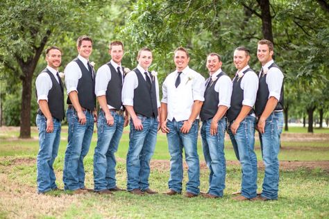 country formal groomsmen in vests, jeans and boots Wedding Attire Wording, Country Groomsmen Attire, Groomsmen Jeans, Country Groomsmen, Country Wedding Groomsmen, Rustic Groomsmen Attire, Rustic Wedding Attire, Groomsmen Vest, Rustic Wedding Groomsmen