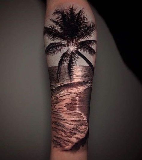 Strand Tattoo, Beach Inspired Tattoos, Tattoos Illustration, Tattoo Beach, Beachy Tattoos, Sunset Tattoos, Palm Tattoos, Men Tattoos Arm Sleeve, Forarm Tattoos