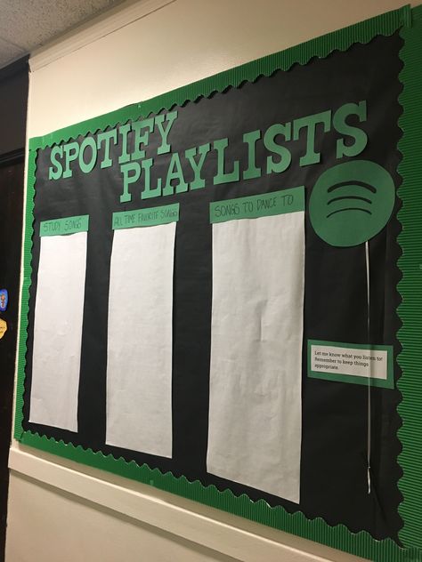 Cute Music Bulletin Boards, Bulliten Board Ideas For High School, Spotify Playlist Bulletin Board, Social Media Themed Classroom, Robotics Classroom Design, Interactive Board Ideas, Music Bulletin Boards High School, Junior Hallway Themes, Hip Hop Bulletin Board Ideas