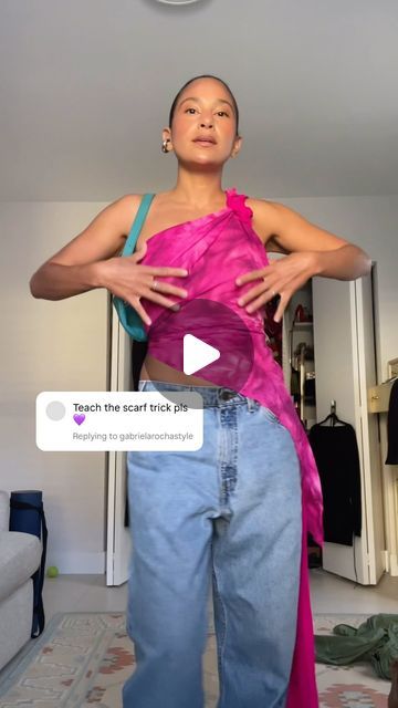 luiza solano on Instagram: "DIY scarf top 💖  Here are a few tips to help you on your diy scarf top journey 😚  - give yourself time to experiment & play, don’t wait until right before the function  - keep an open mind, it will look a little different every time you do it - hit up the thrifts for unique high quality scarves   #scarftop #tietop #diyclothes #vintageaccessories #highlowfashion #secondhandstyle #thriftfinds   -" Festival Scarf Outfit, How To Tie Scarf Top, Long Scarf Top, Scarf Shirt Diy, How To Style A Scarf As A Top, How To Tie A Scarf As A Top, Top From Scarf, Scarf Into Top, Scarf Top Diy