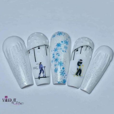 Snowboard Nails, Skiing Nails, Ski Nails, White 3d Art, Shellac Nail Designs, Year Nails, Minimal Nails Art, Snowboard Girl, January Nails