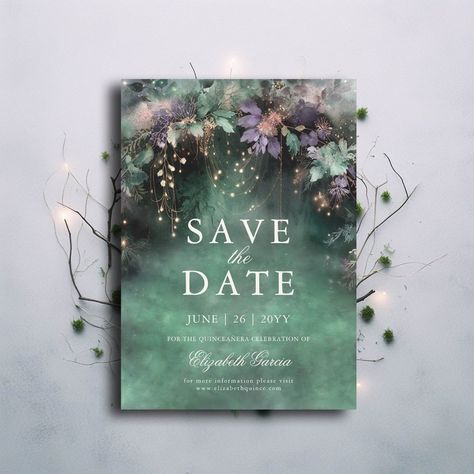 Enchanted Forest Lavender Quince Save the Date Invitation Enchanted Forest Invitations Quinceanera, Quince Save The Date, Enchanted Forest Invite, Lavender Quinceanera, Butterfly Wedding Invitations, Summer Ball, Enchanted Forest Theme, Debut Invitation, Fairytale Forest