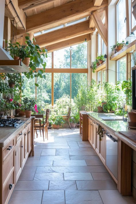 See how people are designing their kitchens in 2024 with 15 of the latest kitchen design trends. Greenhouse Connected To Kitchen, Kitchen Garden Greenhouse Window, Solarium Kitchen, Glass Greenhouse Inliving Room, Greenhouse With Pond Inside, Big Greenhouse Aesthetic, Greenhouse Kitchen, Latest Kitchen Designs, Integrated Appliances