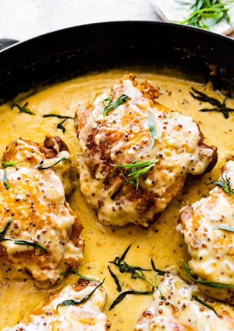 Chicken Thighs with Creamy Mustard Sauce Recipe - CucinaByElena Chicken Thigh Recipes Creamy, Creamy Honey Mustard Chicken, Honey Mustard Chicken Thighs, Mustard Sauce Recipe, Mustard Chicken Thighs, Mustard Cream Sauce, Mustard Chicken Recipes, Creamy Mustard Sauce, Seared Chicken