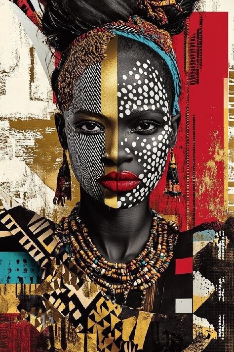 Introducing "Tribal Elegance", a breathtaking oil painting that beautifully merges tradition with modern pop art. This stunning piece features tribal African women adorned with intricate facial tattoos, painted in bold, contemporary strokes, and accented with luxurious gold tones. "Tribal Elegance" celebrates the strength, grace, and cultural pride of African women, capturing their timeless beauty with a fresh and vibrant twist. The pop art style brings a modern edge to the traditional elements, while the radiant gold hues evoke a sense of royalty and sophistication. Each woman in this painting exudes power and poise, making this artwork not only a visual masterpiece but also a tribute to the resilience and elegance of tribal heritage. Perfect for art collectors and lovers of culture, "Tri Black Royalty Art, African Culture Traditional, Abstract African Art, African Culture Art, Africa Tribes, Facial Tattoos, Bel Art, Modern Pop Art, African Queen