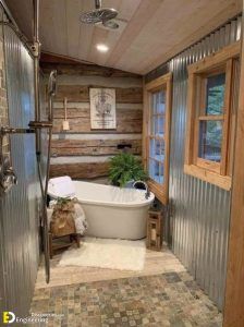 29+ Beautiful and Affordable “Zinc Bathroom” Ideas for Your Outdoors Handicapped Shower Ideas, Cabin Style Bathroom, Log Cabin Bathroom Ideas, Log Cabin Bathrooms, Small Lodge, Tub Bathroom Ideas, Small Rustic Bathroom, Rustic Bathtubs, Lodge Bathroom