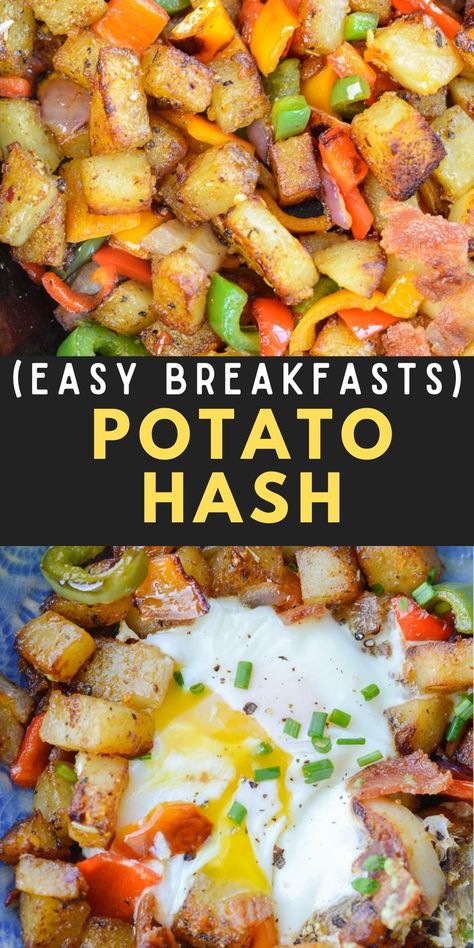 This delicious Potato Hash Recipe is perfect for a weekend breakfast! Crispy bacon and potatoes are cooked with tender peppers and onions for a breakfast skillet packed with flavor. Healthy Recipes Breakfast, Bacon And Potatoes, Potato Hash Recipe, Breakfast Skillet Recipes, Potato Breakfast Recipes, Easy Breakfast Recipes, Veggie Breakfast, Hash Recipe, Breakfast Skillet