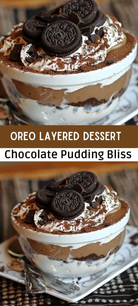 Oreo Layered Dessert Chocolate Pudding Bliss Instant Pudding Desserts, Oreo Layer Dessert, Oreo Pudding Dessert, Pudding Desserts Layered, Oreo Dessert Easy, Oreo Delight, Easy Chocolate Pudding, Chocolate Pudding Desserts, Oreo Dessert Recipes