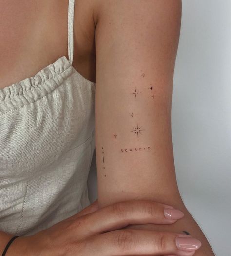 Scorpio word and constellation tattoo on the inner arm Scorpio Tattoo, Small Pretty Tattoos, Writing Tattoos, Petite Tattoos, Tasteful Tattoos, Small Hand Tattoos, Classy Tattoos, Alcohol Bottles, Discreet Tattoos