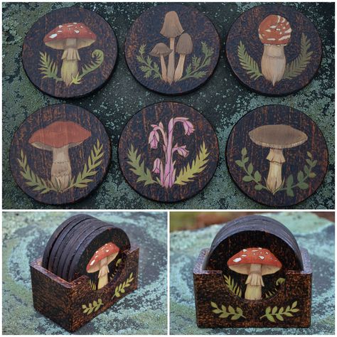 Mushroom & Ferns ~ Wood Burn Coaster Set ~ Six Piece ~ Coaster Set Ideas, Wood Slices Art, Mushroom Coaster, Drawing Improvement, Witchy Diy, Painting Board, Wood Slice Art, Door Wreaths Diy, Clay Inspo