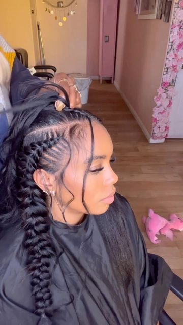 VoiceOfHair ®️ on Instagram: "Something different😍⁣ ⁣ These boho butterfly braids by @hairxcash on @tawanamorris_ _ are gorgeous 🔥 Curls and braids are the perfect combo 👏🏾⁣ She looks gorgeous ❤️ ⁣ Would you rock this?✨ #voiceofhair ⁣ ⁣ #lahair #labraider #knotlessboxbraids #knotlessbraids #butterflybraids #bohobraids #boxbraidS #passiontwists #protectivestyles #protectivestyle #bohobraids #braidideas" Two Big French Braids With Weave, Two Boho Feed In Braids, 4 Boho Feed In Braids, 4 Butterfly Braids, Four Feed Ins Braids, 4 Feed In Braids Hairstyles, Four Braids Cornrow, Boho Cornrows, Four Braids