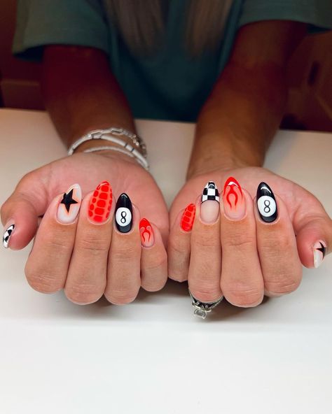 All Posts • Instagram Harley Davidson Nails Designs Art Ideas, Super Fun Nails, Nail Ideas Acrylic Western, Acrylic Nails With Different Designs On Each Nail, Funky Nails With Gems, Full Nail Art Designs, Fun Retro Nails, Jessie Murph Nails, West Coast Nails