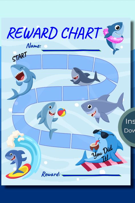 Shark Reward chart, kids, boy, tracker, chores, potty, water, Ocean, Sea, water, Fish, beach, baby Motivational Routine, Reward Chart Kids, Water Ocean, Reward Chart, Sea Water, Beach Baby, Bathroom Bedroom, School Items, Crayon