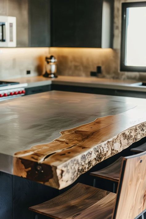 Concrete Wood Countertops, Concrete And Wood Countertops, Diy Kitchen Island Countertop, Cedar Countertop Kitchen, Waterfall Concrete Countertops, Concrete Countertops Island, Kitchen Cement Countertops, Dark Concrete Countertops, Concrete Island Countertop