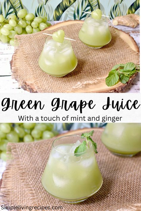 Green grape juice in two glass cups, with green grapes and mint leaves garnishing. Green Grapes Juice Recipe, Recipes Using Green Grapes, Grape Drink Recipes, Green Grape Dessert, Green Grape Recipes Ideas, What To Do With Green Grapes, Recipes With Green Grapes, Green Grape Recipes, Grape Recipes Ideas