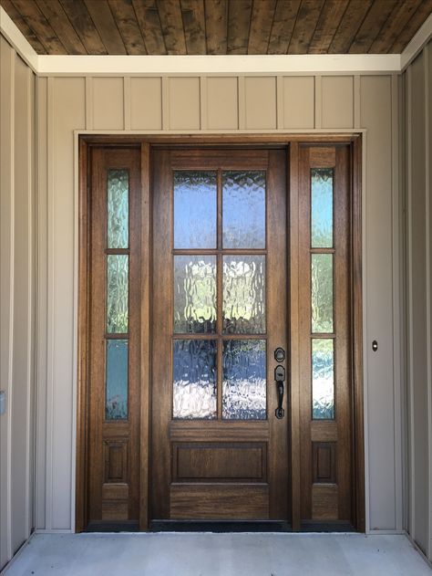 Mahogany front door with privacy glass. See more pictures on instagram @buildingbulleycreek Grey House With Wood Door, Landscaping By Front Door, Rustic Front Doors, Front Door Glass Panel, Pilot View, Front Door Entrance Ideas, Mahogany Front Door, Vstupná Hala, Front Door Styles