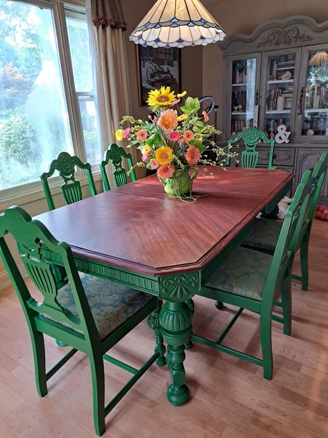 RARE FIND. Vintage Jacobean dining table with 5 chairs plus1 captain's chair. Made of solid walnut. Top is cross-cut design and refinished with food safe and water stain safe finish. Newly re-upholstered chairs. Expandable leaf lifts up from bottom of tabletop. Local pickup only. 1940s Dining Room Table, Chair Update Diy, Diy Painted Dining Room Table And Chairs, Dark Green Dining Table, Antique Table And Chairs Makeover, Reholster Dining Chair, Colorful Dining Room Table, Eclectic Kitchen Table And Chairs, Mexican Dining Room Hacienda Style