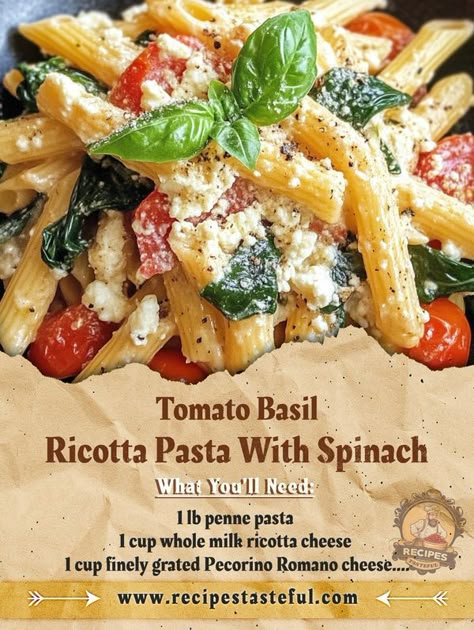 Tomato Basil Ricotta Pasta With Spinach, Ricotta Pasta Recipes, Basil Pasta Recipes, Ricotta Sauce, Ricotta Cheese Recipes, Pasta With Spinach, Tomato Basil Pasta, Basil Pasta, Ricotta Pasta