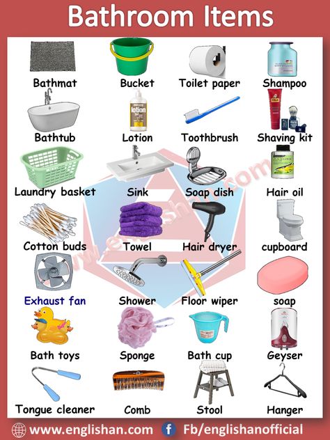 Bathroom Items Vocabulary with images and Flashcards, this lesson helpful for student and learner to improve their classroom vocabulary in English. Vocabulary For Kids English, English Vocabulary With Pictures, Home Vocabulary English, Bathroom Vocabulary, Vacation Vocabulary English, Bathroom Vocabulary English, English Learning Spoken, Learning English For Kids, English Vocab