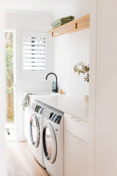 Vj Panelling Laundry, Small Walk Through Laundry Room Ideas, Laundry Vj Panelling, Vj Panel Laundry, Modern Coastal Laundry Room, One Wall Laundry, Laundry With Window, Modern Coastal Laundry, Laundry With Toilet