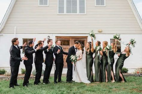 wedding party portraits fall olive green wedding - 48 Fields Wedding Barn | Leesburg VA Olive Green Bridesmaid And Groomsmen, Green Dress Bridal Party, Bridal Party Olive Green, Deep Olive Green Bridesmaid Dresses, Olive Navy Wedding, Fall Olive Green Wedding, Green Bridesmaids Black Groomsmen, Dark Olive Green And Champagne Wedding, Olive Green Bridal Party Color Schemes