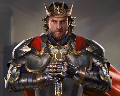 King Arthur by Mushk RizviStuff that I normally don't do but decided to try it out. The turnaround was quite faster than expected xD done for Murka games. King Arthur Characters, King Arthur Legend, Roi Arthur, King Art, Medieval Knight, King Arthur, Fantasy Warrior, Medieval Fantasy, Dnd Characters