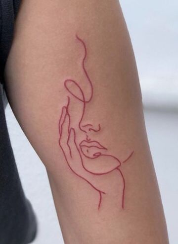 Modern Feminine Tattoo, Identity Tattoo Ideas, Women Body Silhouette Tattoo, Double Initial Tattoo, Red Ink Tattoos Fine Line, Abstract Linework Tattoo, Woman’s Silhouette Tattoo, Red Tatoos Woman, Lady Body Tattoo