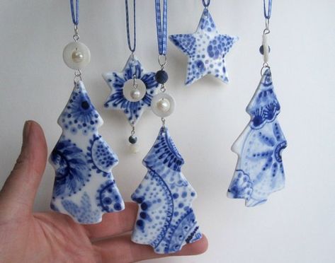 Broken China Crafts, Ceramic Bead Jewelry, China Crafts, Heirloom Ornaments, Blue Delft, Polymer Clay Ornaments, Broken China Jewelry, Polymer Clay Christmas, White Ornaments