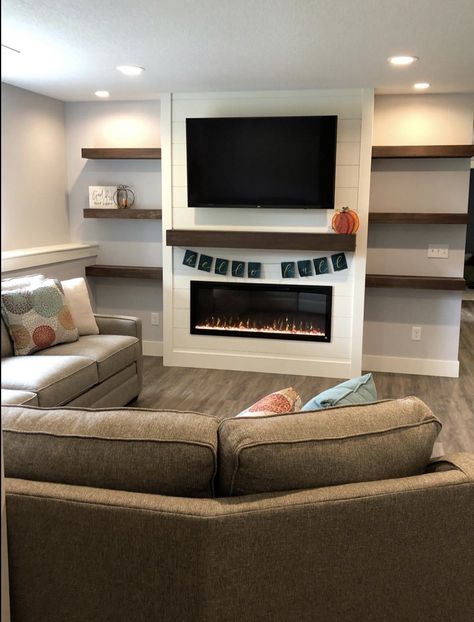 Fireplace With Entertainment Center, Tv Wall Mount With Fireplace, Fireplace Tv Wall Floating Shelves, Electric Fireplace With Mantel And Tv, Electric Fireplace Ideas Farmhouse, Entertainment Fireplace Center Ideas, Tv Wall With Doorway, Electric Fireplace Floating Shelves, Electric Fireplace With Shelves On Side