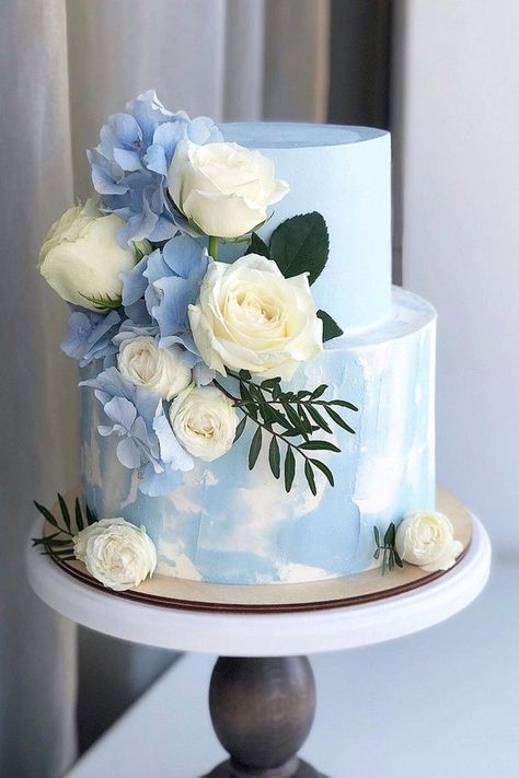 Wedding Cake With Flowers, Cake With Flowers, Hydrangea Blue, Beauty Cakes, Beach Cakes, Floral Wedding Cakes, Wedding Cakes Blue, Wedding Cake Rustic, Blue Cakes