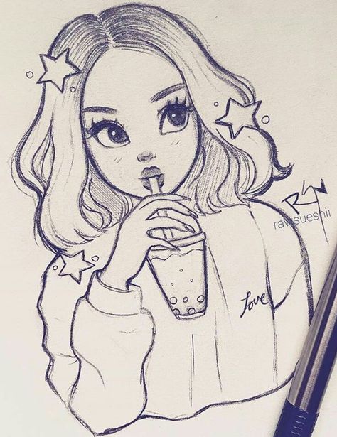 Pencil Drawing, A Girl, Pencil, Stars